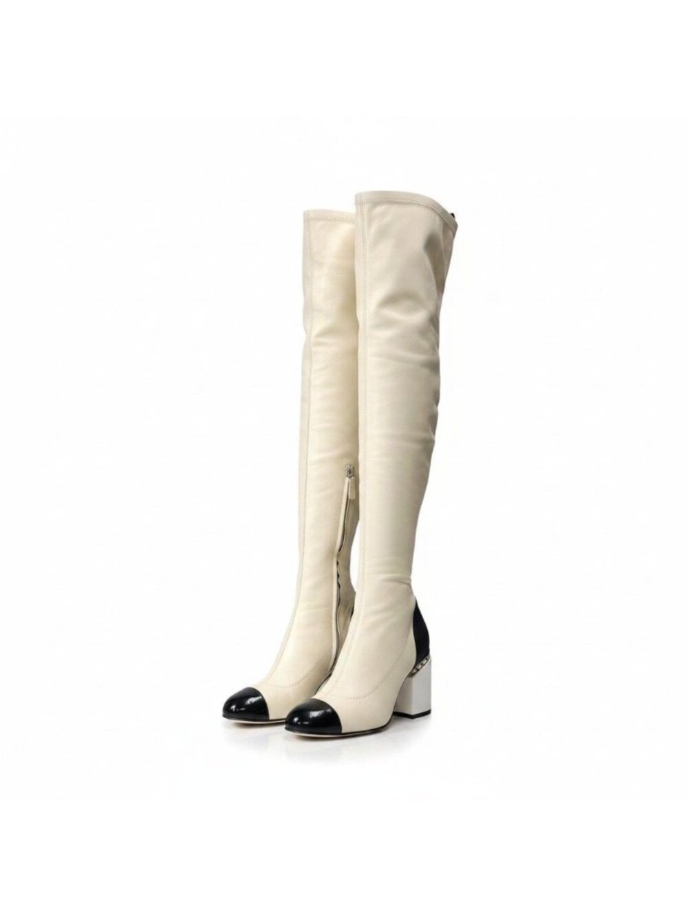 Chanel G9 CC Logo Chain Trim Knee High Boots 37c Ivory Black Leather